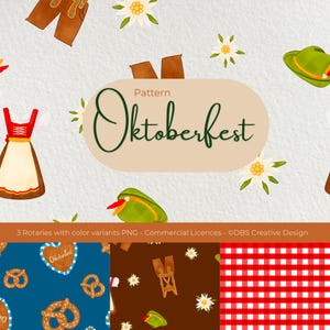 Pode incluir: Design de padrão em aquarela com tema Oktoberfest. Apresenta elementos como lederhosen, dirndl, chapéus e flores de edelweiss. O texto "Oktoberfest" é exibido em uma fonte decorativa. Inclui três padrões de variantes de cores.