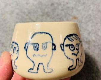 Handmade Stoneware Mini Bowl, Hand-Painted People Design, Rustic Ceramic Bowl