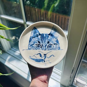 Handmade Ceramic Plate | Hand-drawn Cat and Praying Mantis | Hand-Thrown Ceramic Plate | Gift, Decor, Jewlery Dish, & Etc.