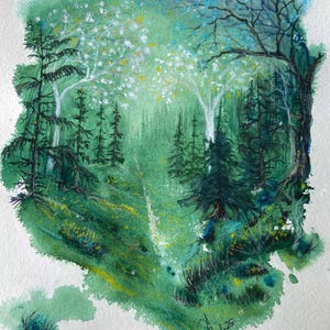 Original watercolor forest  painting