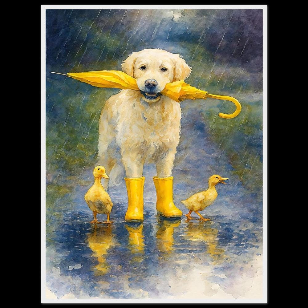 Golden Retriever Aquarell Print: Hund mit Regenschirm - Main Image