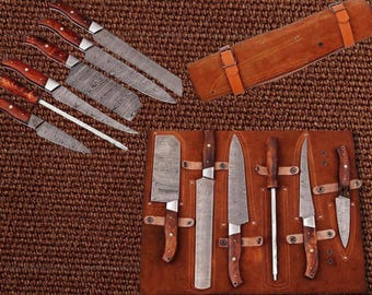 Hand-Forged Damascus Steel Knife Set: Professional Chef Knives with Leather Roll