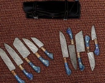 Handmade Damascus Steel Chef Knife Set: Kitchen Knives with Leather Roll