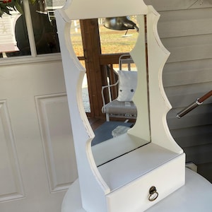 Vintage White Dressing Table Mirror with Drawer, 1960&#39;s Dresser Mirror, Refinished Tabletop or Wall Mounted Vanity Mirror