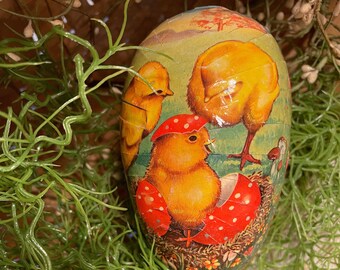 Vintage German Easter Egg Paper Mache Easter Egg Mid 1900's Baby Chicks Easter Candy Container