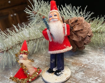 Vintage Santa Christmas Decor 1940's Celluloid Face Santa and 1950's Chenille Stem Santa Package Topper