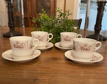 Antique Set of 4 Ironstone Tea Cups and Saucers Late 1800's Brown Transferware “Sylvan" Pattern by Johnson Bros. Staffordshire England