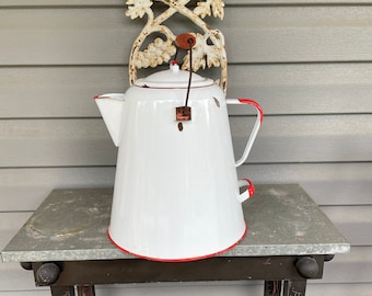 Vintage Large Enamelware Kettle 1940's Red and White Enamelware Water Kettle
