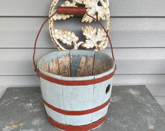 Antique Wooden Bucket 1920's Painted Wooden Bucket with Bale Handle