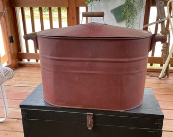 Antique Tin Boiler with Old Rusty Red Paint Early 1900's "Hog Boiler", Tin Wash Tub with Lid