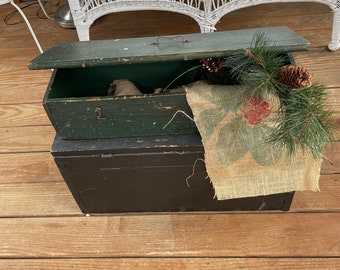 Vintage Large Wooden Tool Box Carrier 1940's Storage Box with Original Green Paint