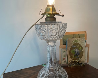 Antique Oil Lamp "Bulls Eye" Pattern Glass 1800's Pressed Glass Lamp with Electric Adaptor