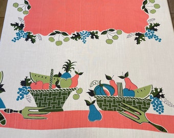 Vintage Printed Tablecloth 1950's Fruit Pattern Cotton and Rayon Blend Tablecloth