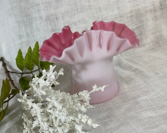 SALE Vintage Ruffle Edge Glass Vase 1950's Pink and White Cased Glass Vase Fenton Vase