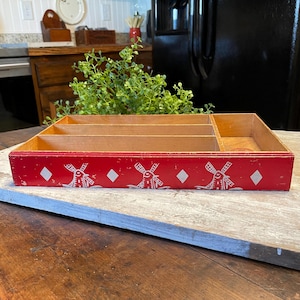 Vintage Wooden Cutlery Tray with Original Red and White Paint, 1940&#39;s or 1950&#39;s Divided Wooden Utensil Tray, Organizer, Vintage Storage