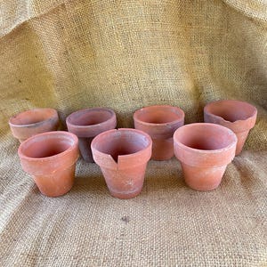 May include: Seven terracotta flower pots of various sizes, arranged on a burlap surface. The pots are all in good condition, with no visible cracks or chips.