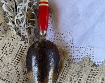 Vintage Scoop 1940's Dry Goods Scoop Chrome with Red and White Painted Wooden Handle