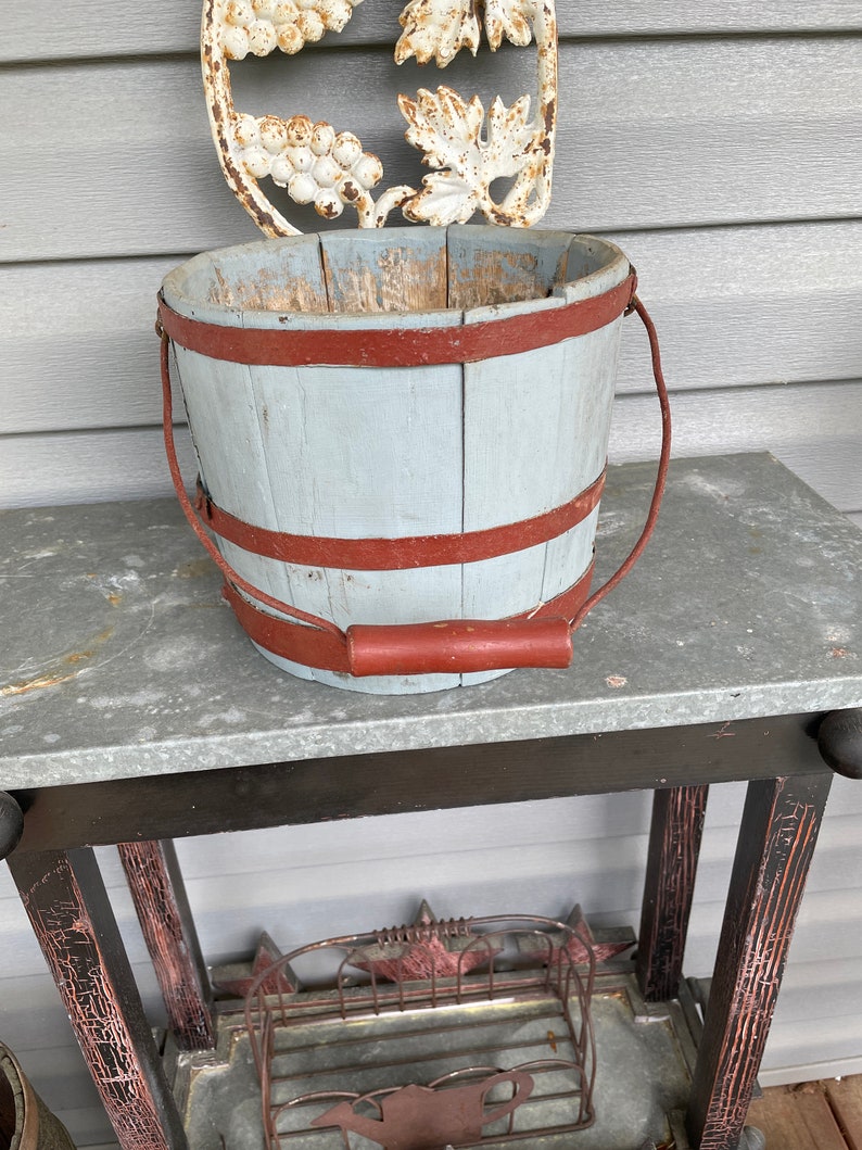 Antique Wooden Bucket 1920's Painted Wooden Bucket with Bale Handle image 9