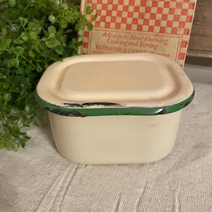 Vintage Refrigerator Box, Green and Beige Enamelware, 1940&#39;s Small Enamelware Storage Box