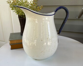 Vintage Enamelware Pitcher 1940's or 1950's Large White with Cobalt Blue Trim Enamelware Water Pitcher