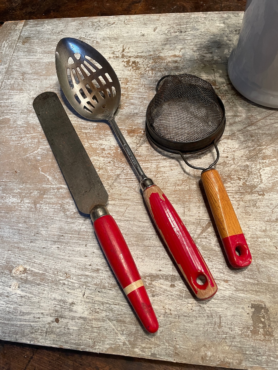 Vintage Lot of 3 Kitchen Tools With Wooden Red Painted - Etsy