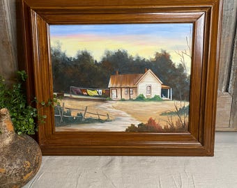 Vintage Painting of Rural Landscape with Country Farmhouse: 19" W x 16" T