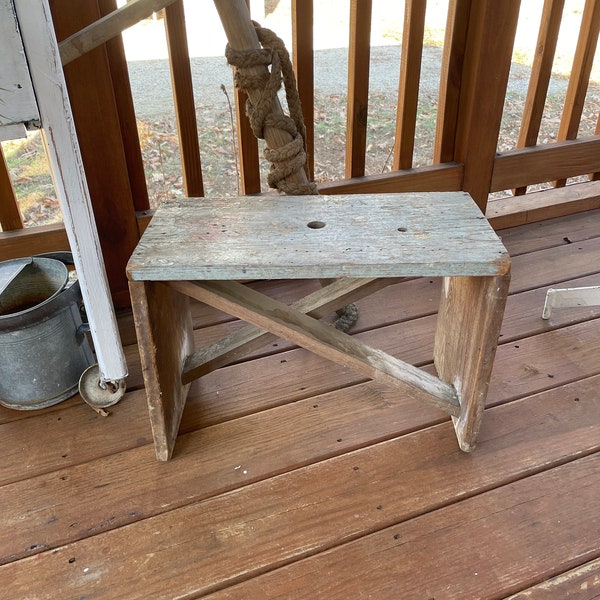 Vintage Small Primitive Bench with Old Aqua Painted Top 1950's Small Rustic Bench