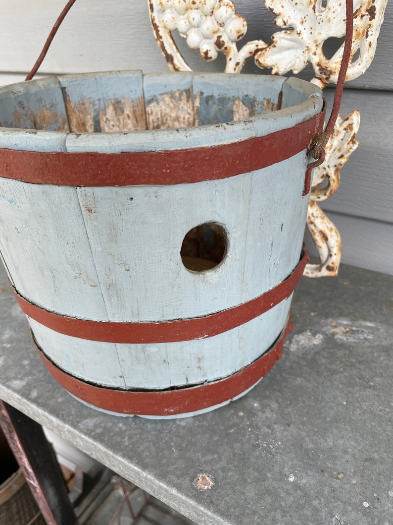 Antique Wooden Bucket 1920's Painted Wooden Bucket with Bale Handle image 2