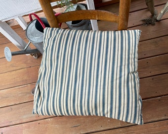 Antique Feather Tick Pillow 1920's Dark Blue and White Cotton Ticking Bed Pillow