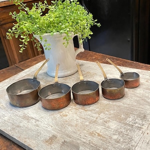 Vintage Set of 5 Small Copper Pots or Measuring Cups with Brass Handles