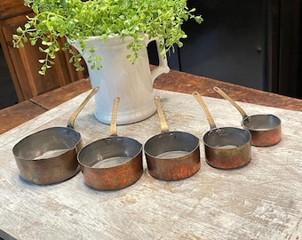 Vintage Set of 5 Small Copper Pots or Measuring Cups with Brass Handles