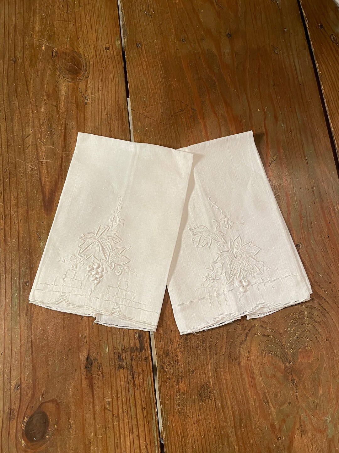 Vintage Hand Towel 1970's Whitework Floral Embroidered White Linen Hand