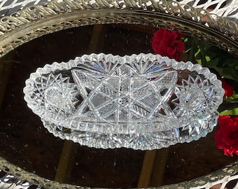 Vintage Crystal Cut and Pressed Glass Celery or Olive Dish, Vanity Tray
