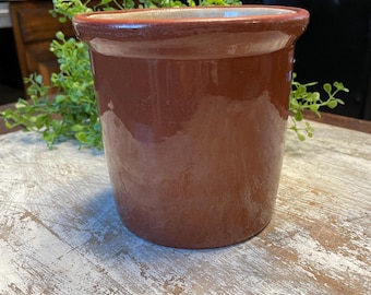 May include: A brown ceramic planter with a white rim. The planter is sitting on a whitewashed wooden surface.