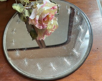 Vintage Mirrored Dressing Table Tray 1940's Round Beveled Glass Mirror Dresser Tray