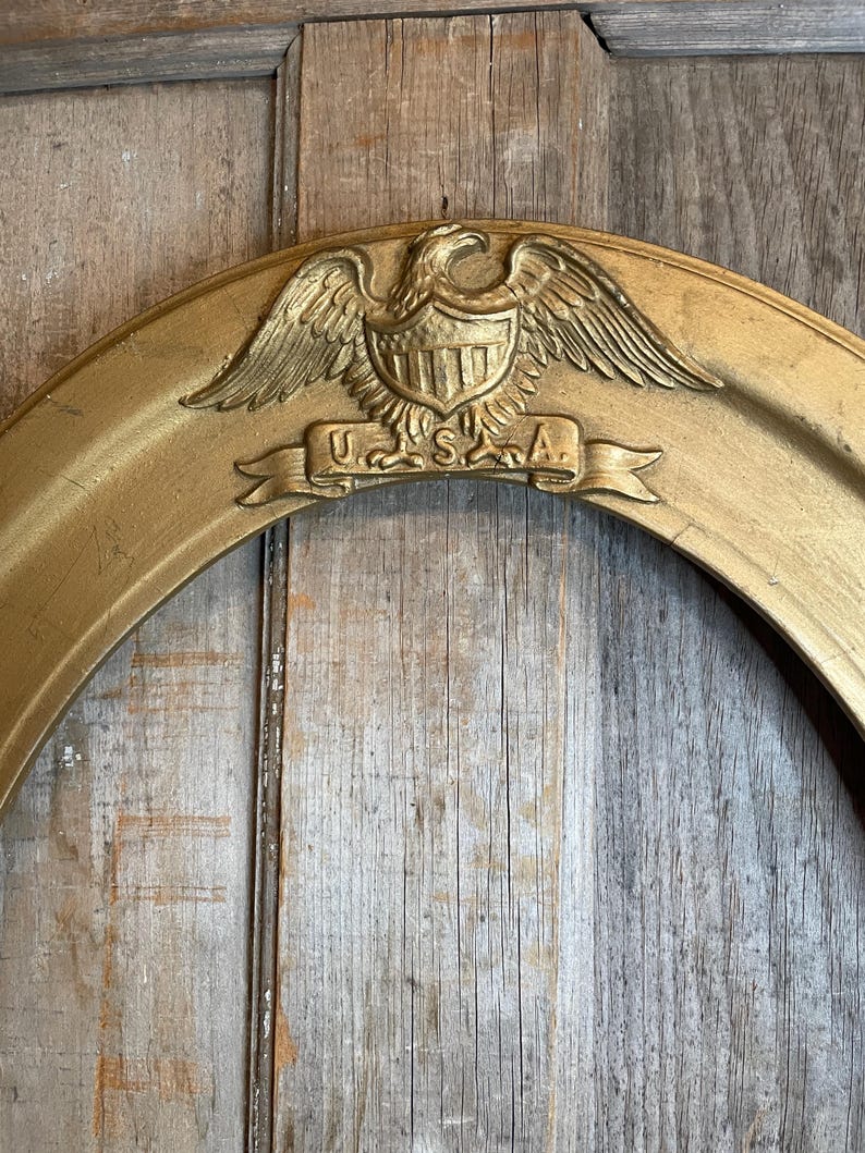 May include: A gold-colored, oval-shaped frame with an embossed eagle and shield design at the top. The banner below the eagle reads "USA". The frame is set against a weathered, wooden background.