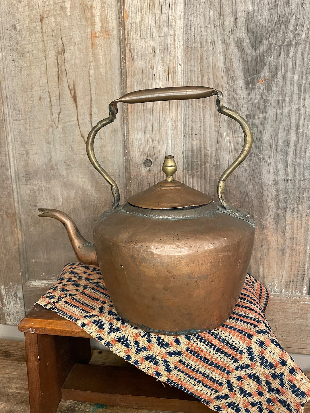 Antique Copper Tea Kettle With Brass Finial and Handle Supports