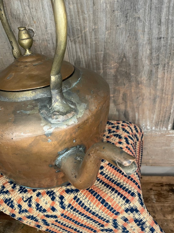 SALE Antique Copper Tea Kettle With Brass Finial and Handle