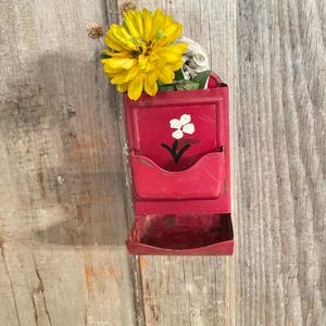 Vintage Tin Match Holder, 1930&#39;s Wall Mount Safety Match Holder with Hand Painted Floral Design