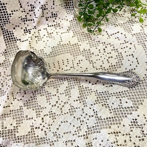 May include: A silver-toned metal ladle featuring an ornate, embossed floral and shell pattern on the bowl and handle. The handle edges are detailed with a beaded texture, and the bowl has a wide, rounded shape with decorative relief work.