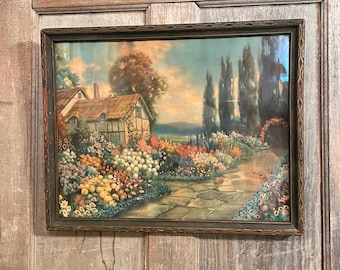 Antique Framed Print "Old Fashion Garden" by R. Atkinson Fox