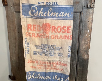 Vintage Chicken Feed Sack Eshelman Red Rose 1940s Scratch Grain