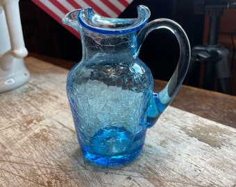 VENTA Vintage Blue Crackle Glass Small Pitcher 1960's o 1970's Hand Blown Pilgrim Glass Pitcher