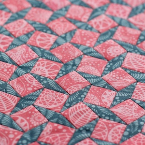 Könnte beinhalten: Nahaufnahme einer Stoffdecke mit einem sich wiederholenden Muster aus rosa und türkisfarbenen Rauten. Der Stoff hat ein florales Design.