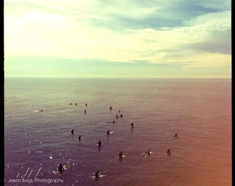 Surfers Waiting - Square Photo of Surfers in the Pacific Ocean, Huntington Beach, California, Wall Art, Beach Decor