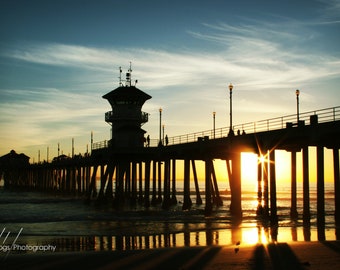 Beach Sunset Through the Pier - Photo of the Huntington Beach Pier at Sunset, California, Coast, Beach Decor