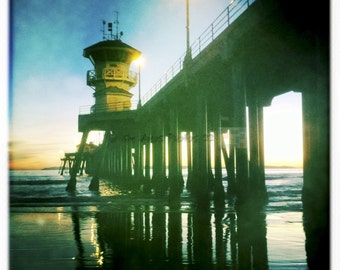 Beach Photography - HB Pier Cool Tones Sunset - Surf City California Pier 5X5 Square Photo