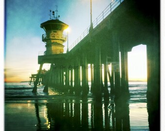 Beach Photography - HB Pier Cool Tones Sunset - Surf City California Pier 5X5 Square Photo