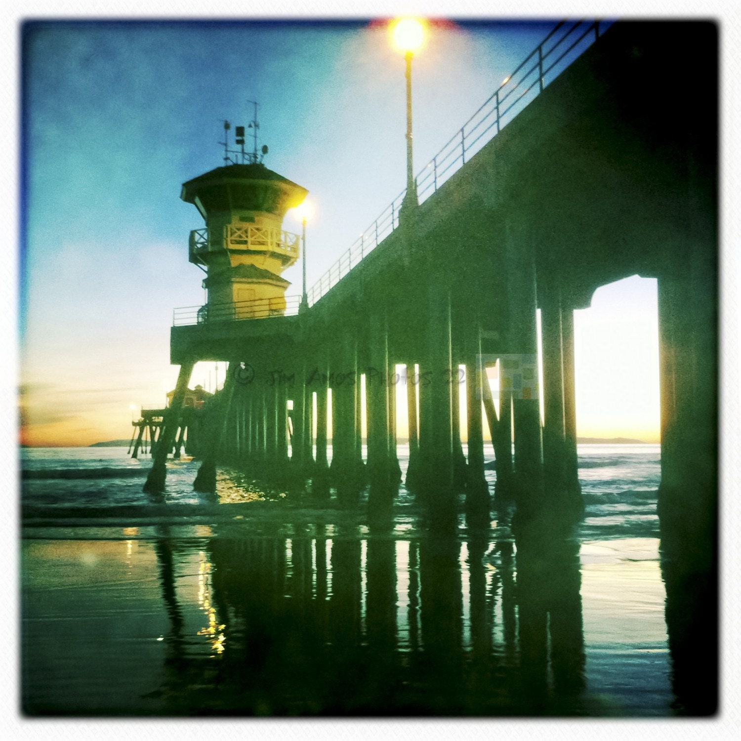 Beach Photography - HB Pier Cool Tones Sunset - Surf City California Pier 5X5 Square Photo
