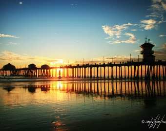 California Sunset - Huntington Beach Pier at Sunset, Beach Photograph, Sunset photo, Beach Decor, California Sunset, Wall Art, Surfer Gift